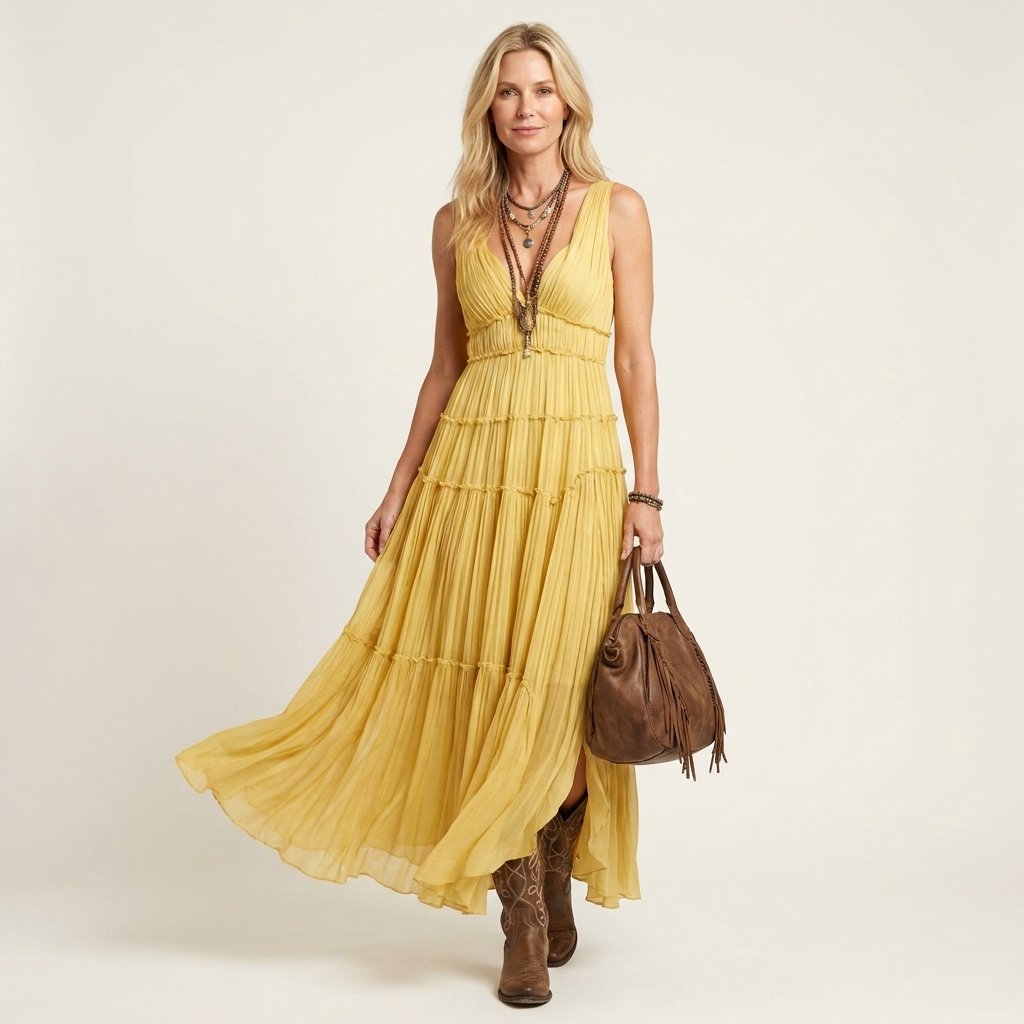 Venizia | Deep V-Neck Tiered Pleated Sleeveless Maxi Dress