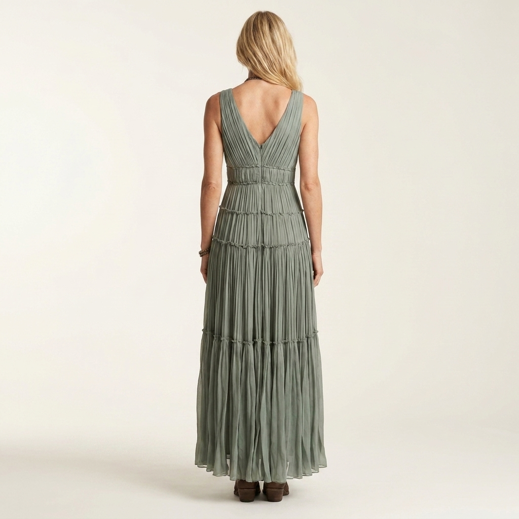 Venizia | Deep V-Neck Tiered Pleated Sleeveless Maxi Dress