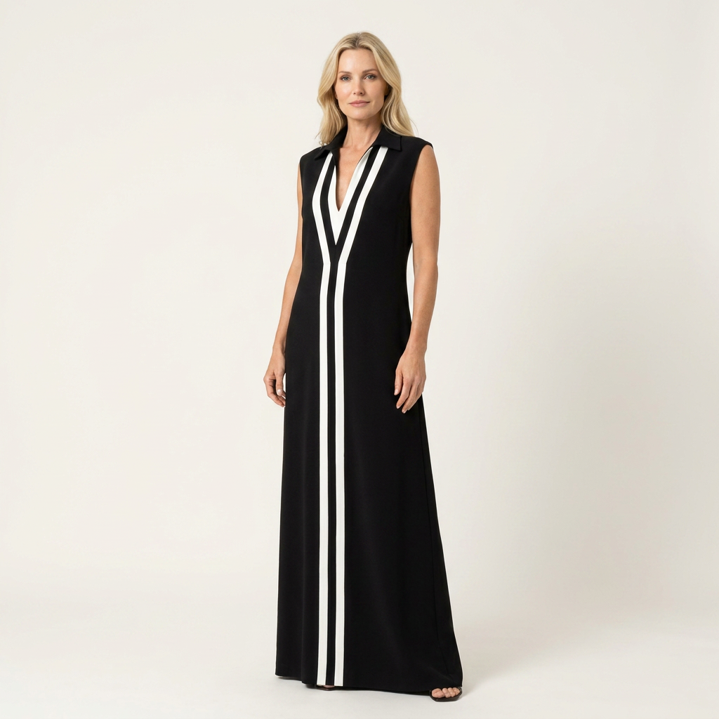 Tamarah | Collared V-Neck Contrast Trim Sleeveless Maxi Dress