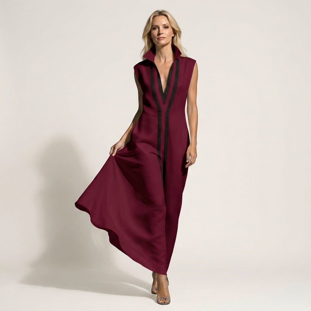 Tamarah | Collared V-Neck Contrast Trim Sleeveless Maxi Dress