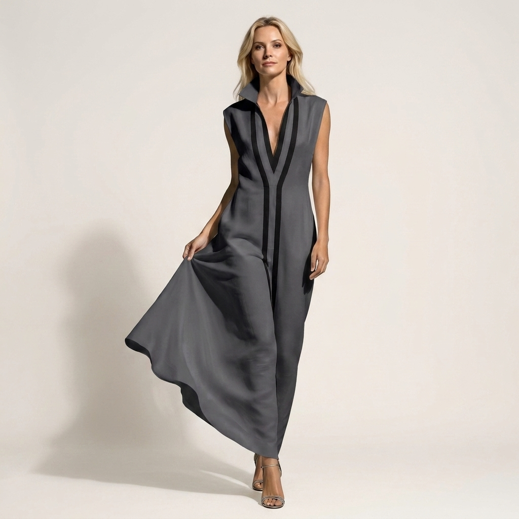 Tamarah | Collared V-Neck Contrast Trim Sleeveless Maxi Dress