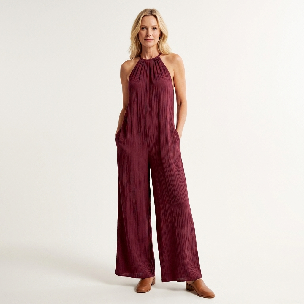Alexa | Halter-Neck Pleated Wide-Leg Jumpsuit with Pockets