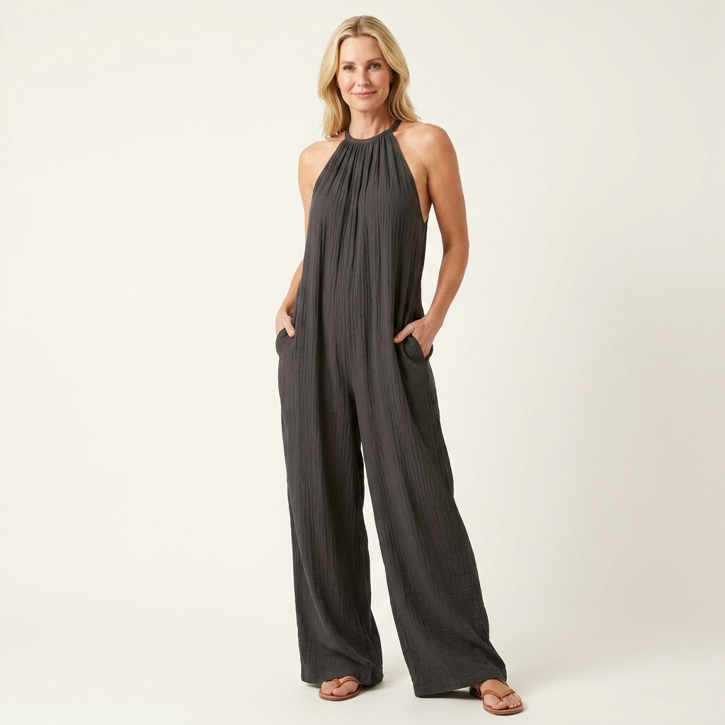 Alexa | Halter-Neck Pleated Wide-Leg Jumpsuit with Pockets