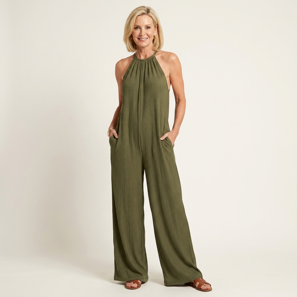 Alexa | Halter-Neck Pleated Wide-Leg Jumpsuit with Pockets