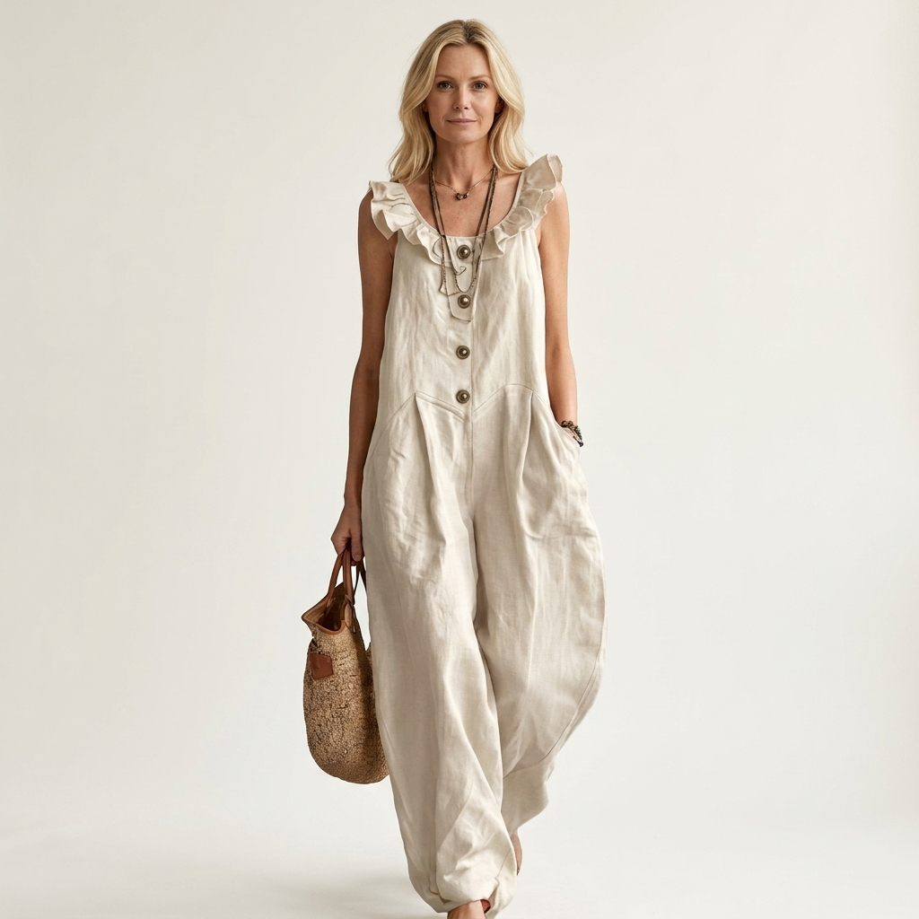 Arelle | Ruffle-Collar Button-Front Drop-Crotch Wide-Leg Jumpsuit