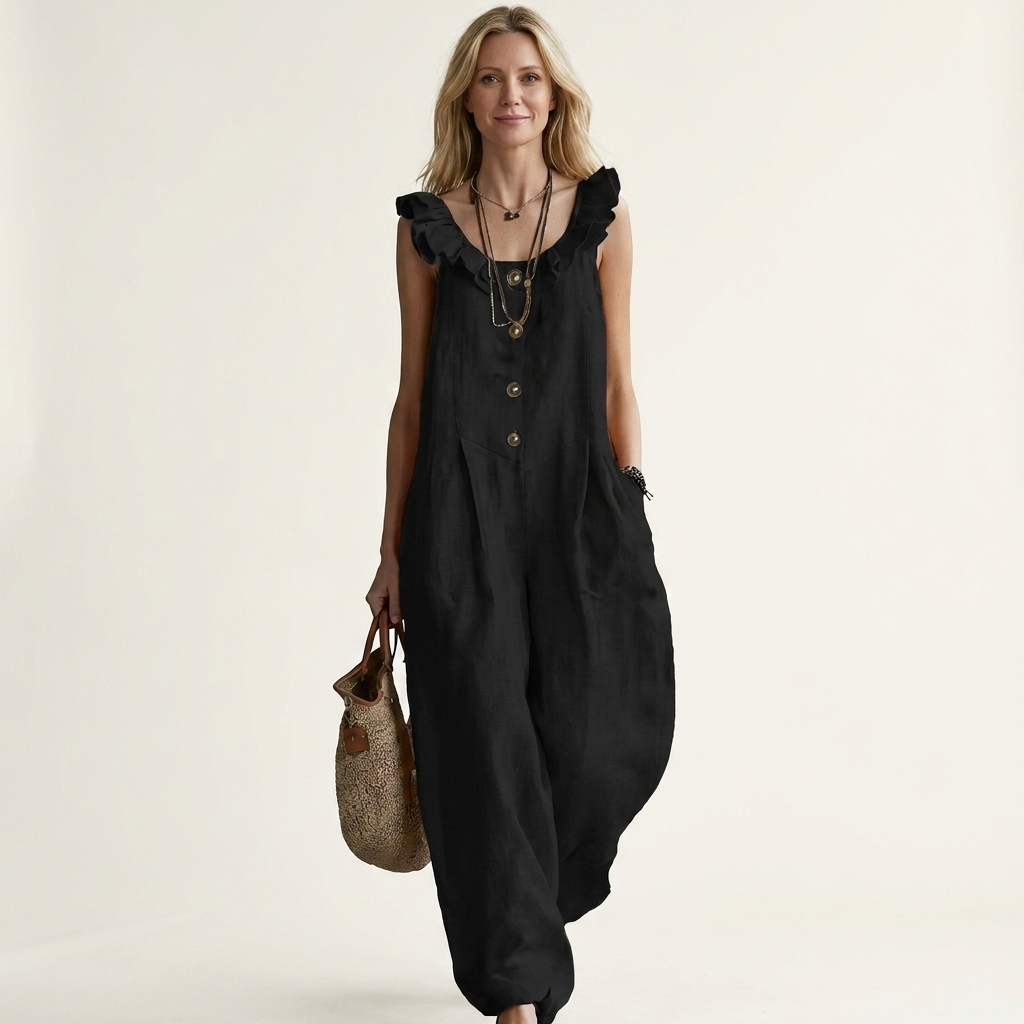 Arelle | Ruffle-Collar Button-Front Drop-Crotch Wide-Leg Jumpsuit