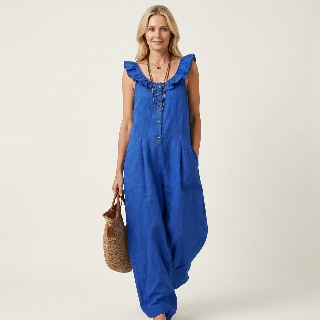 Arelle | Ruffle-Collar Button-Front Drop-Crotch Wide-Leg Jumpsuit