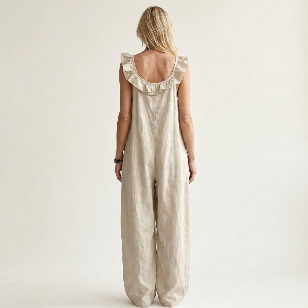 Arelle | Ruffle-Collar Button-Front Drop-Crotch Wide-Leg Jumpsuit