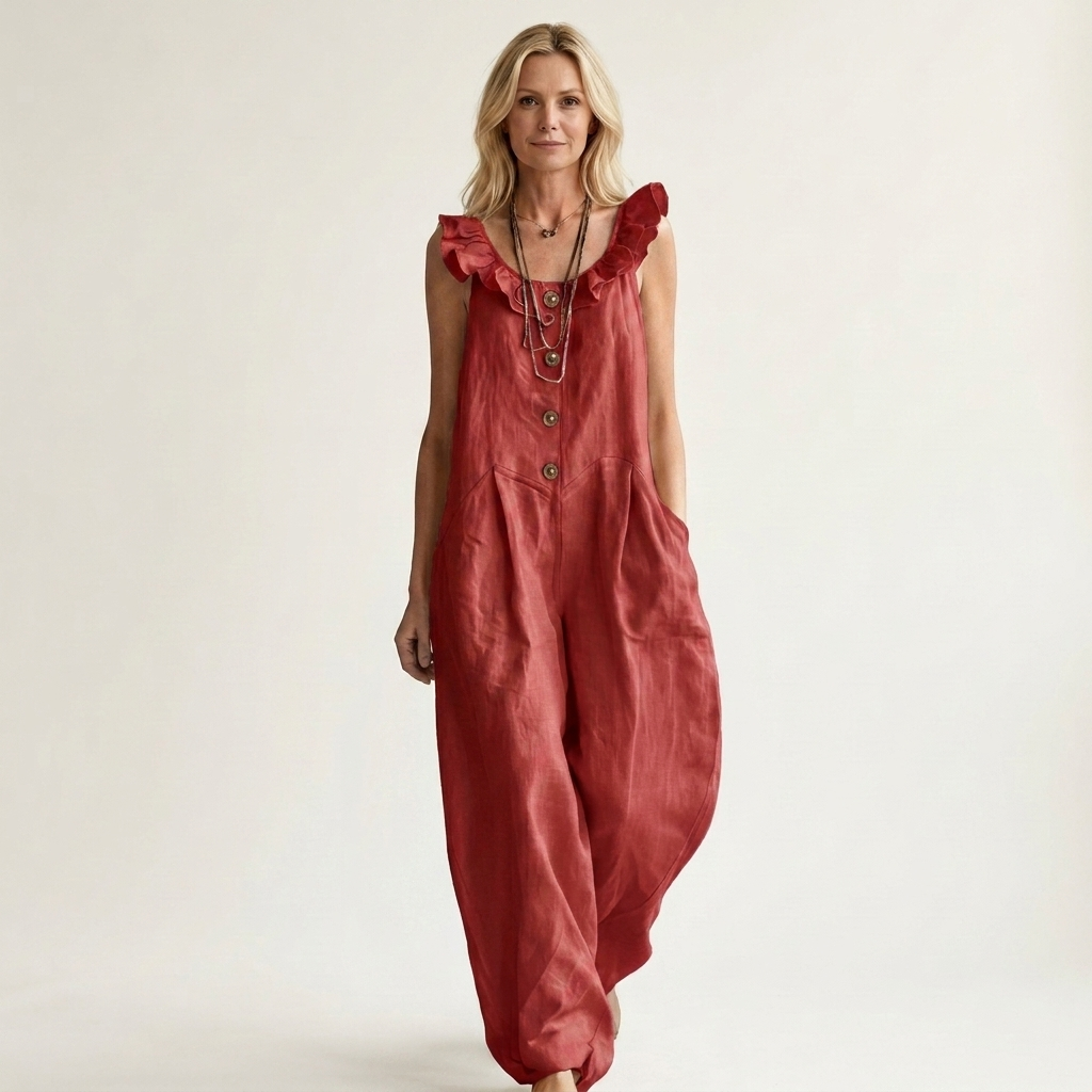 Arelle | Ruffle-Collar Button-Front Drop-Crotch Wide-Leg Jumpsuit