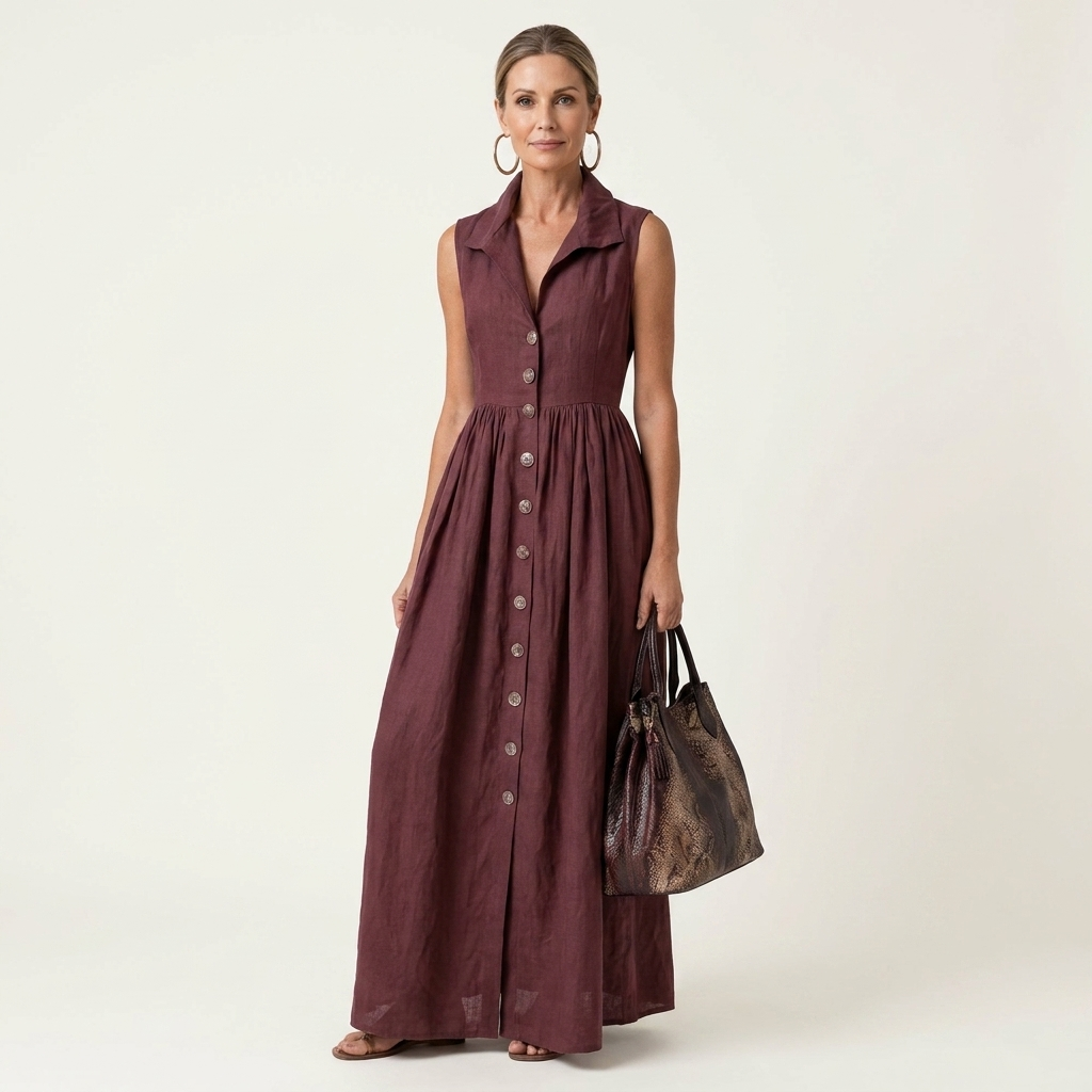 Tiyana | Lapel Collar Button-Front Sleeveless High-Waist Maxi Dress