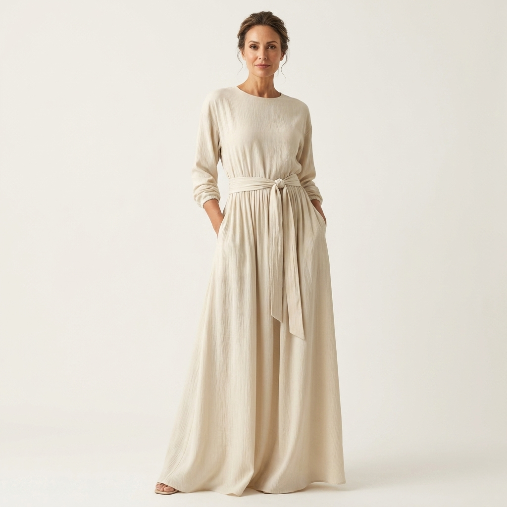 Chiara | Round-Neck Long-Sleeve Tie-Waist Maxi Dress