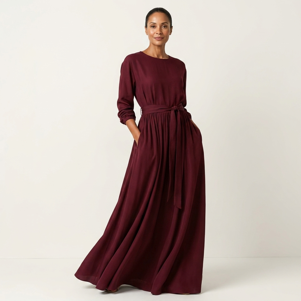 Chiara | Round-Neck Long-Sleeve Tie-Waist Maxi Dress