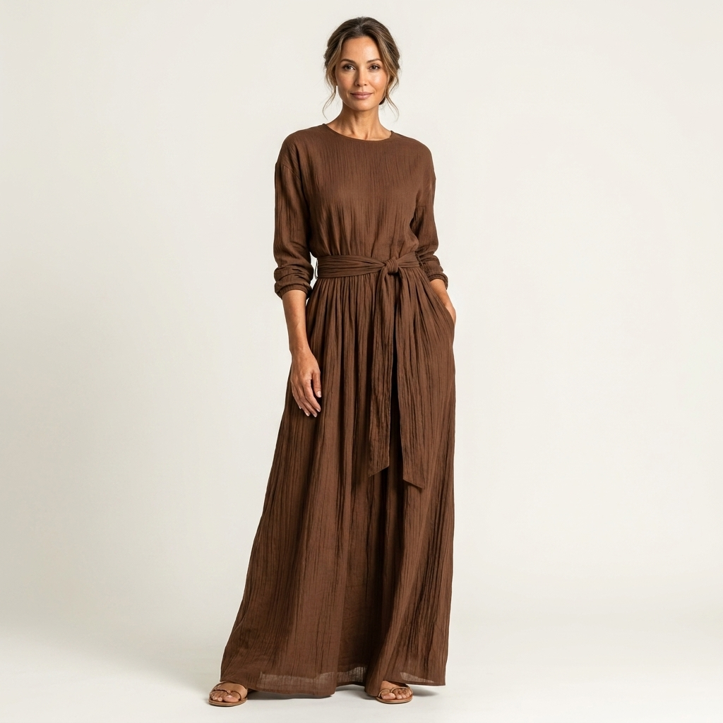 Chiara | Round-Neck Long-Sleeve Tie-Waist Maxi Dress
