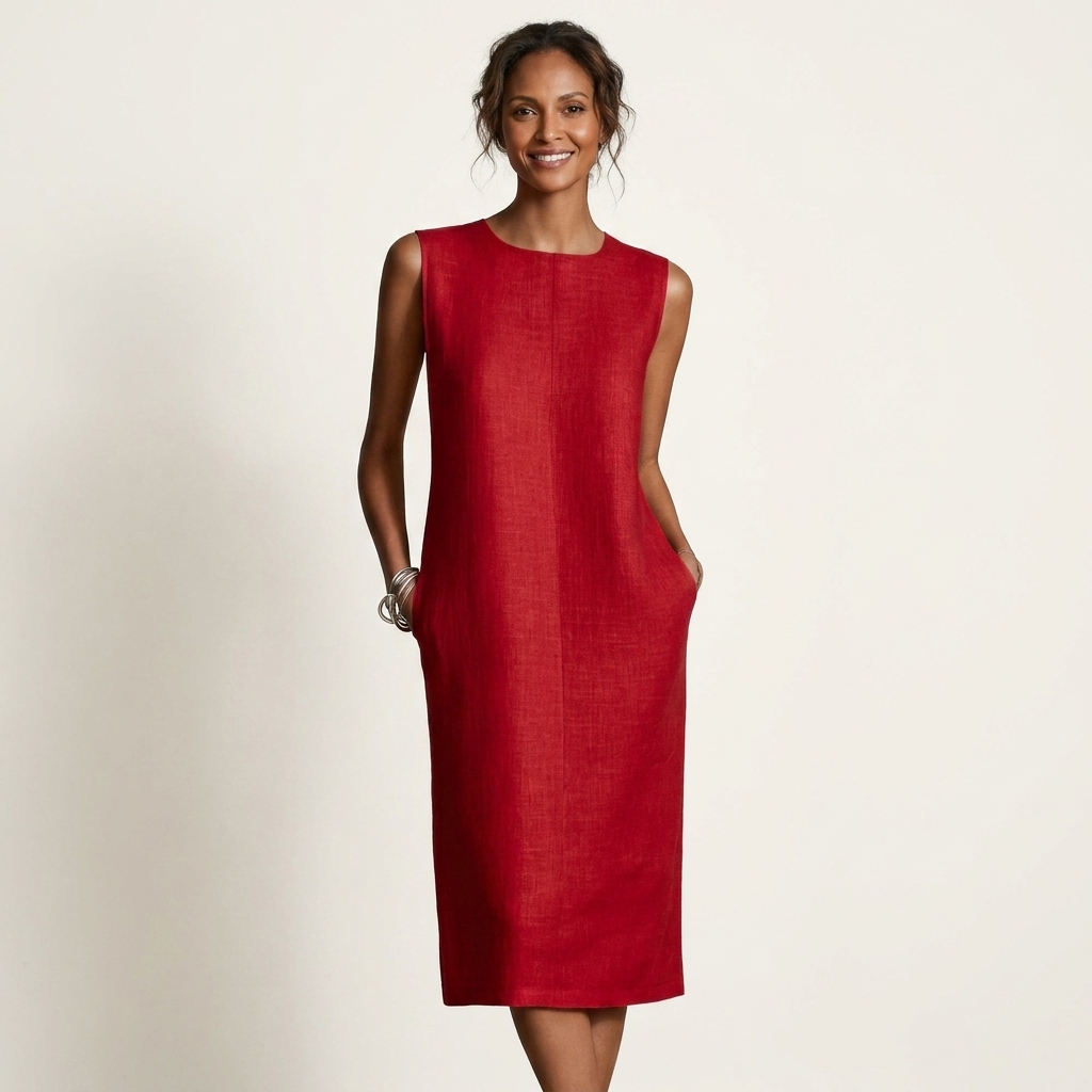 Marelie | Sleeveless Round-Neck Linen-Feel Midi Shift Dress
