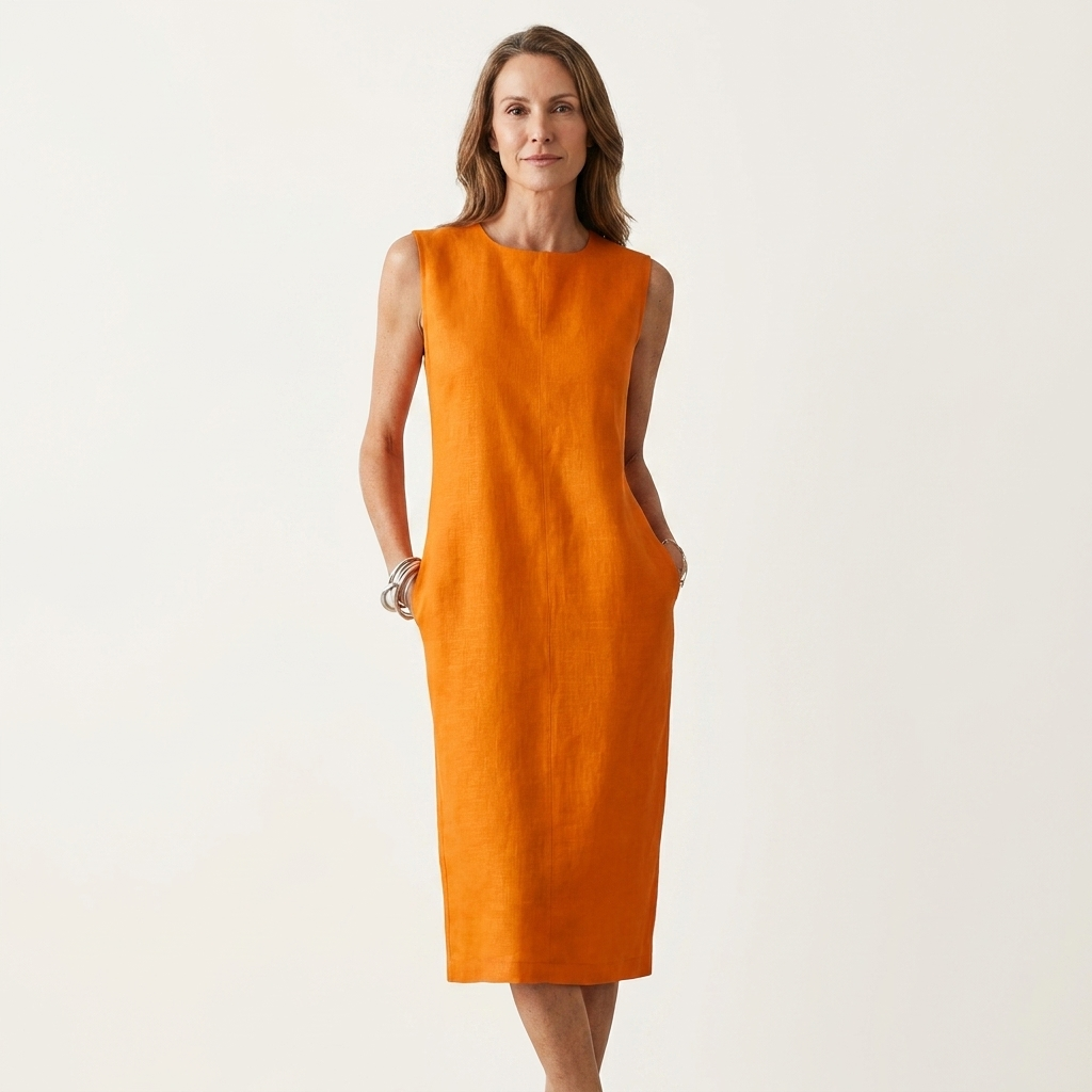 Marelie | Sleeveless Round-Neck Linen-Feel Midi Shift Dress