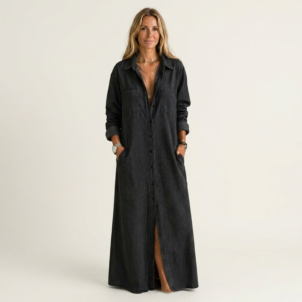 Andrea | Long-Sleeve Button-Front Denim Maxi Shirt Dress