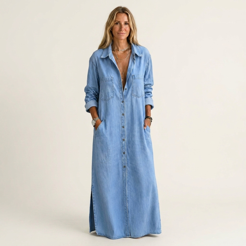 Andrea | Long-Sleeve Button-Front Denim Maxi Shirt Dress