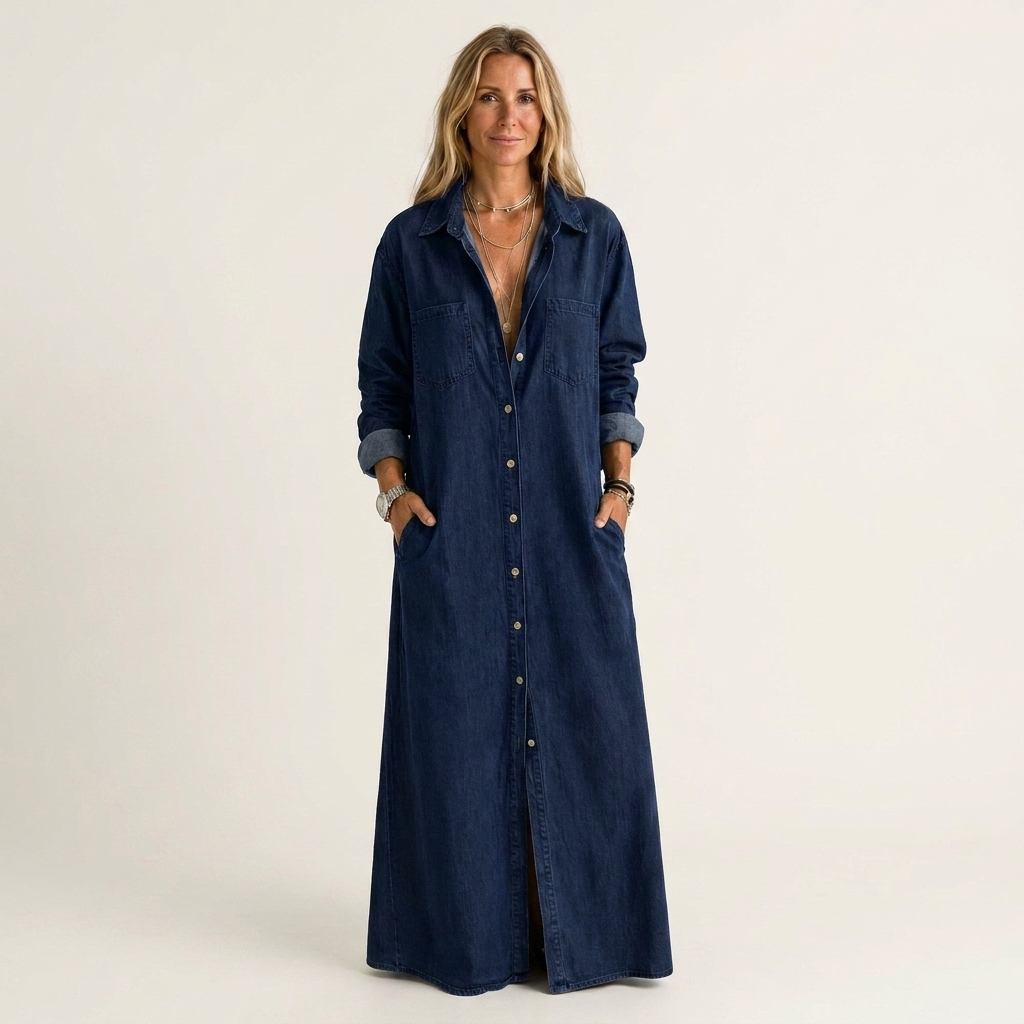 Andrea | Long-Sleeve Button-Front Denim Maxi Shirt Dress