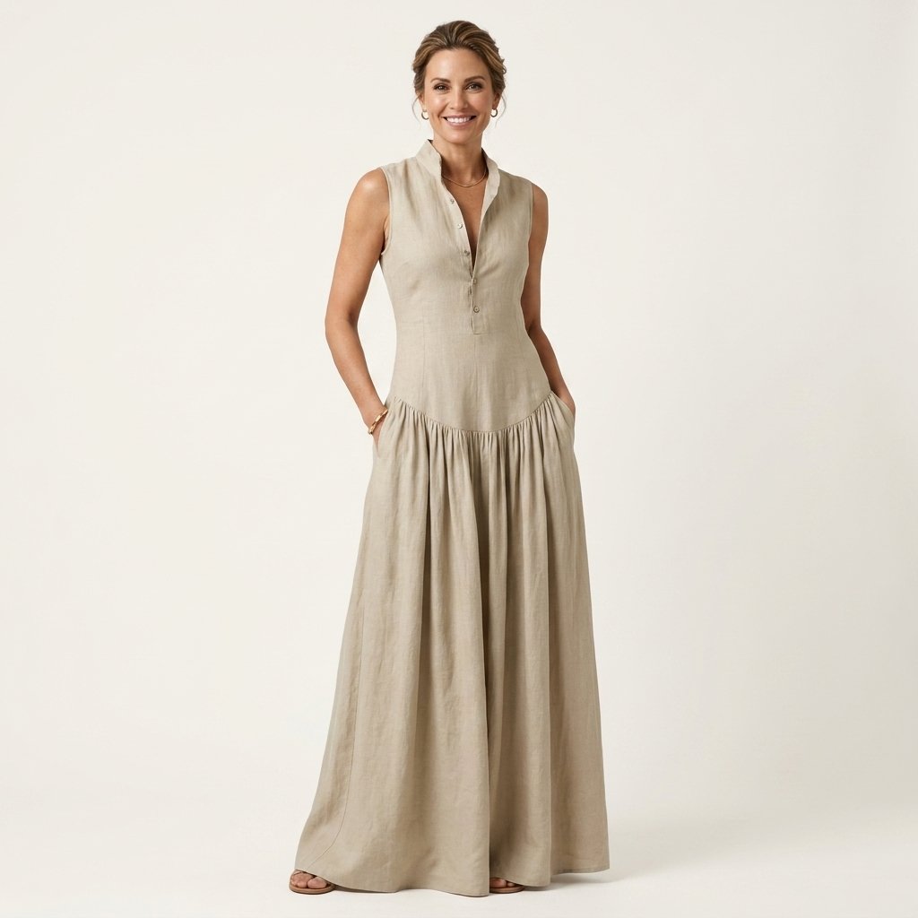 Adriana | Deep V-Neck Sleeveless Pleated Swing Maxi Dress
