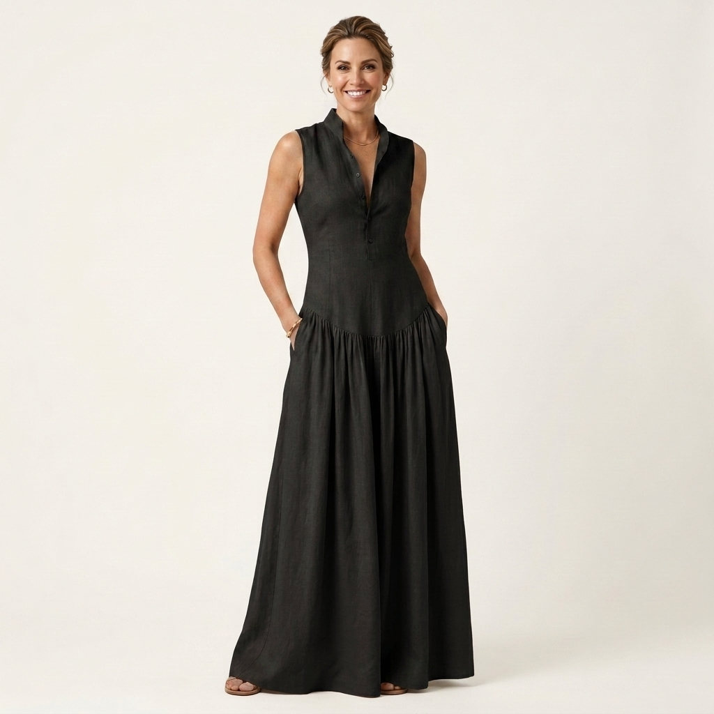 Adriana | Deep V-Neck Sleeveless Pleated Swing Maxi Dress