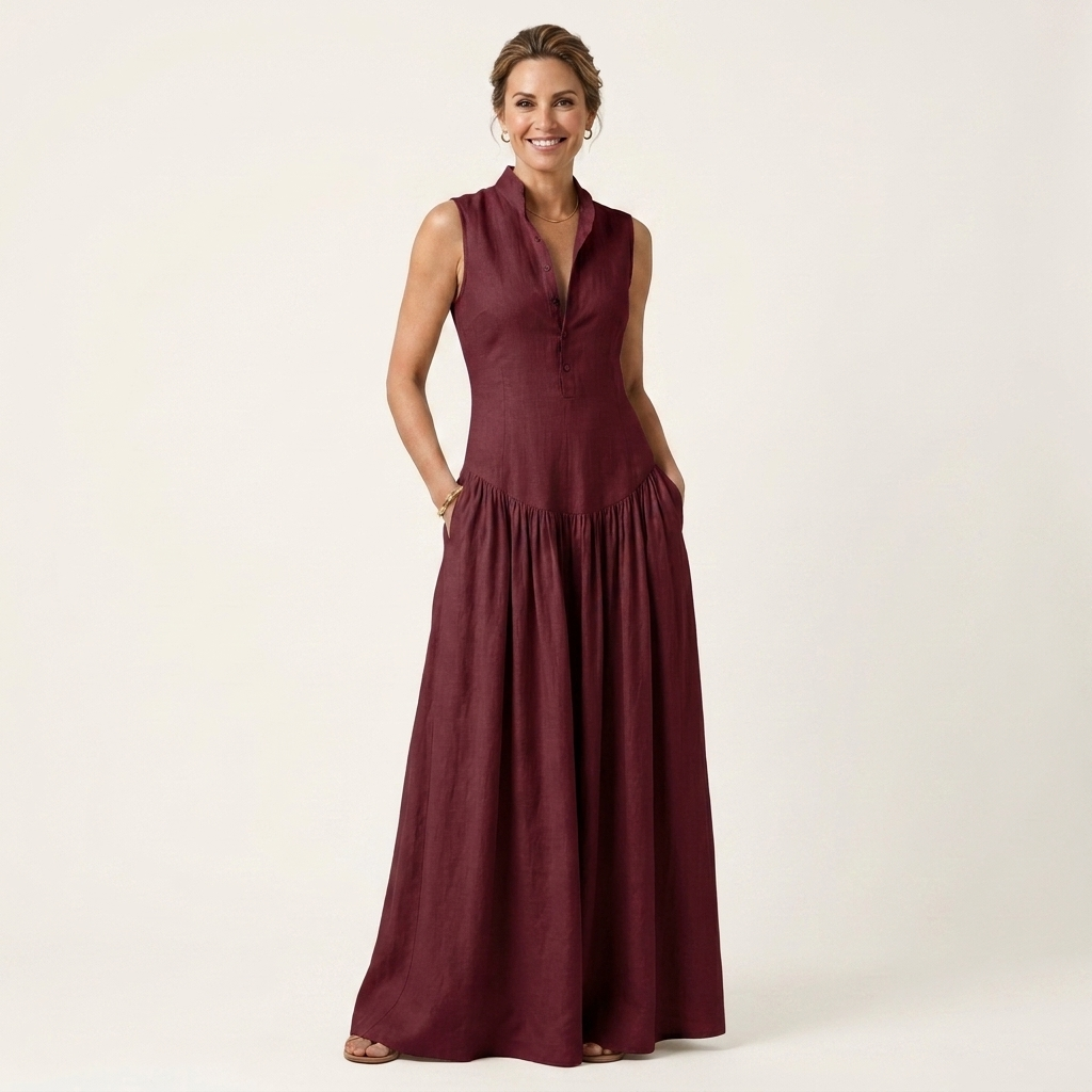 Adriana | Deep V-Neck Sleeveless Pleated Swing Maxi Dress