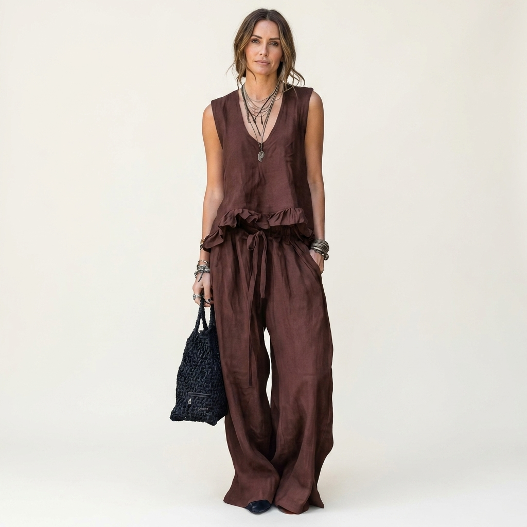 Siella | Ruffle-Hem V-Neck Tank and Wide-Leg Pant Two-Piece Set