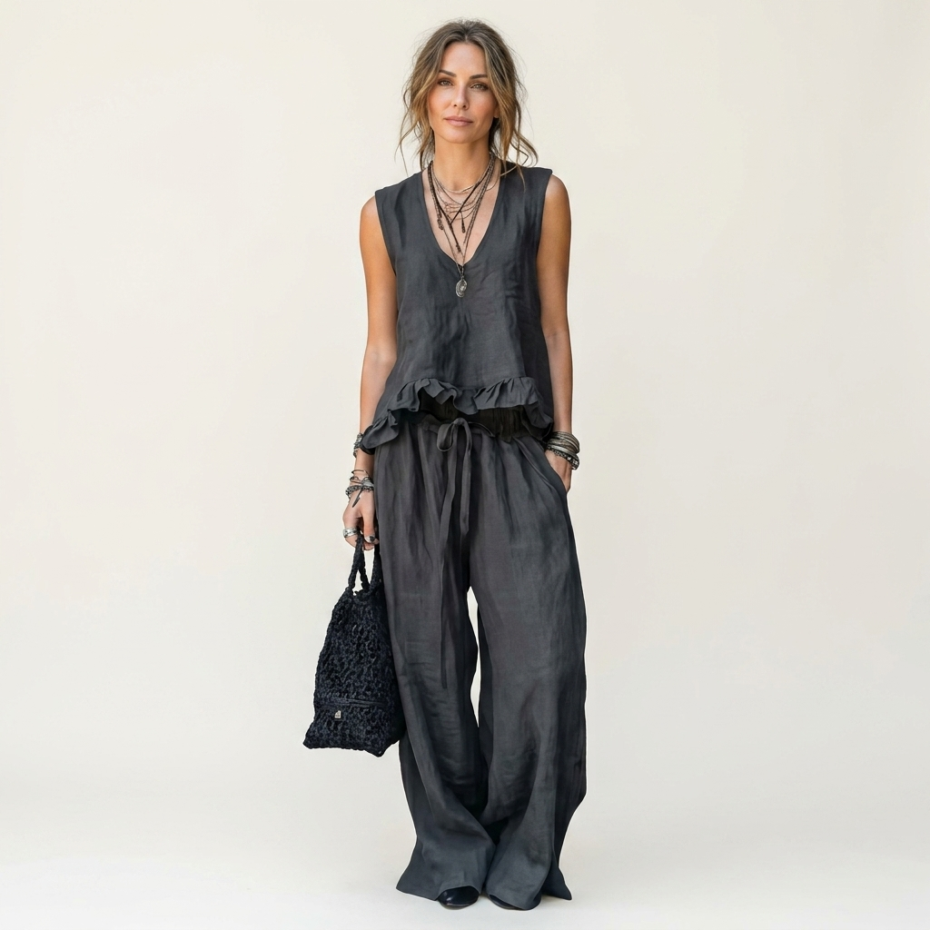 Siella | Ruffle-Hem V-Neck Tank and Wide-Leg Pant Two-Piece Set