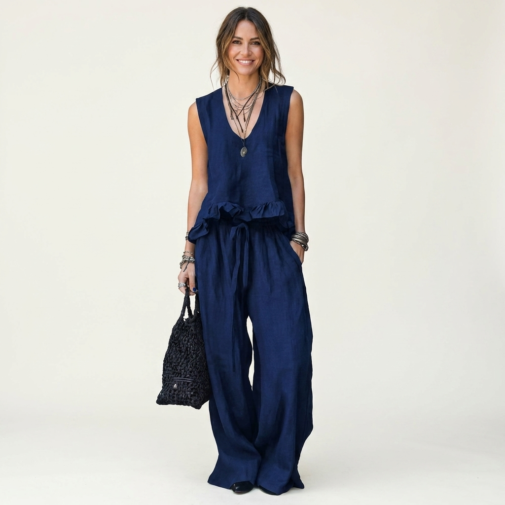 Siella | Ruffle-Hem V-Neck Tank and Wide-Leg Pant Two-Piece Set