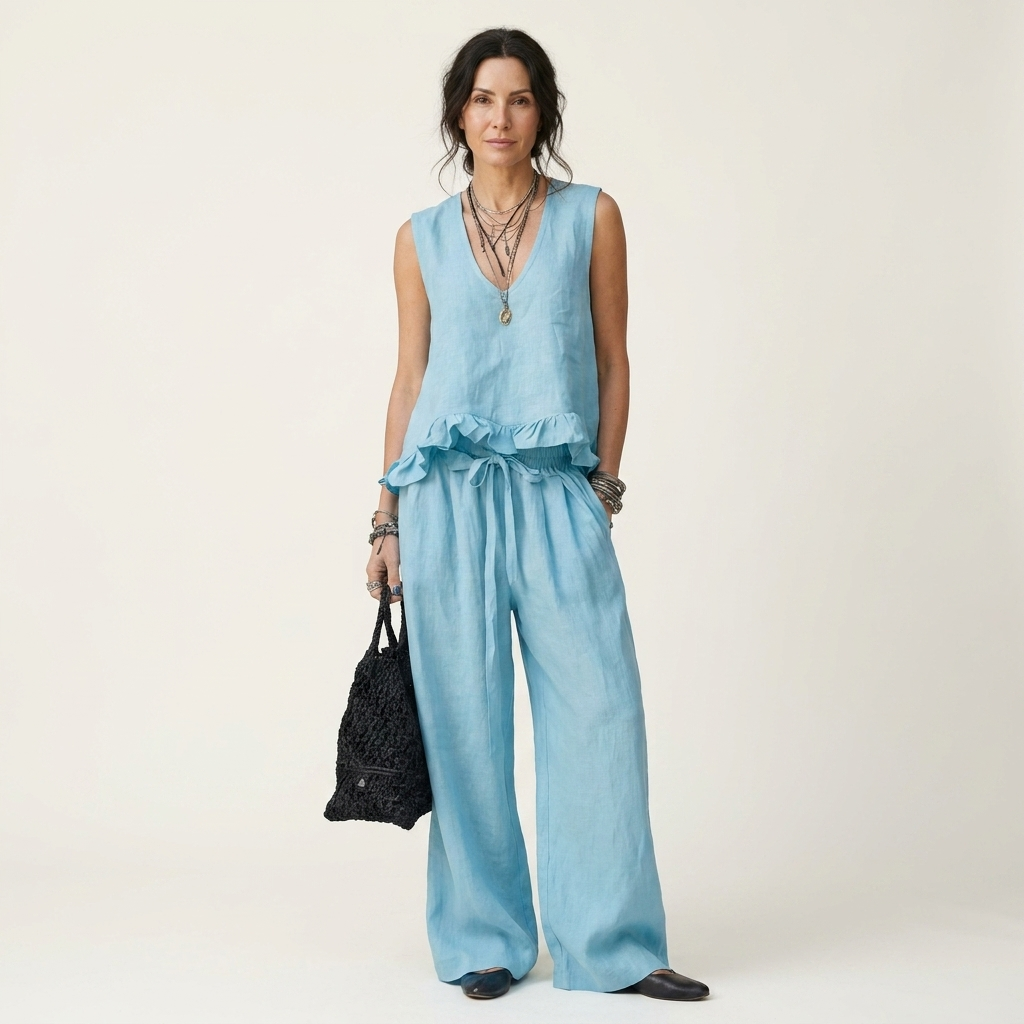 Siella | Ruffle-Hem V-Neck Tank and Wide-Leg Pant Two-Piece Set