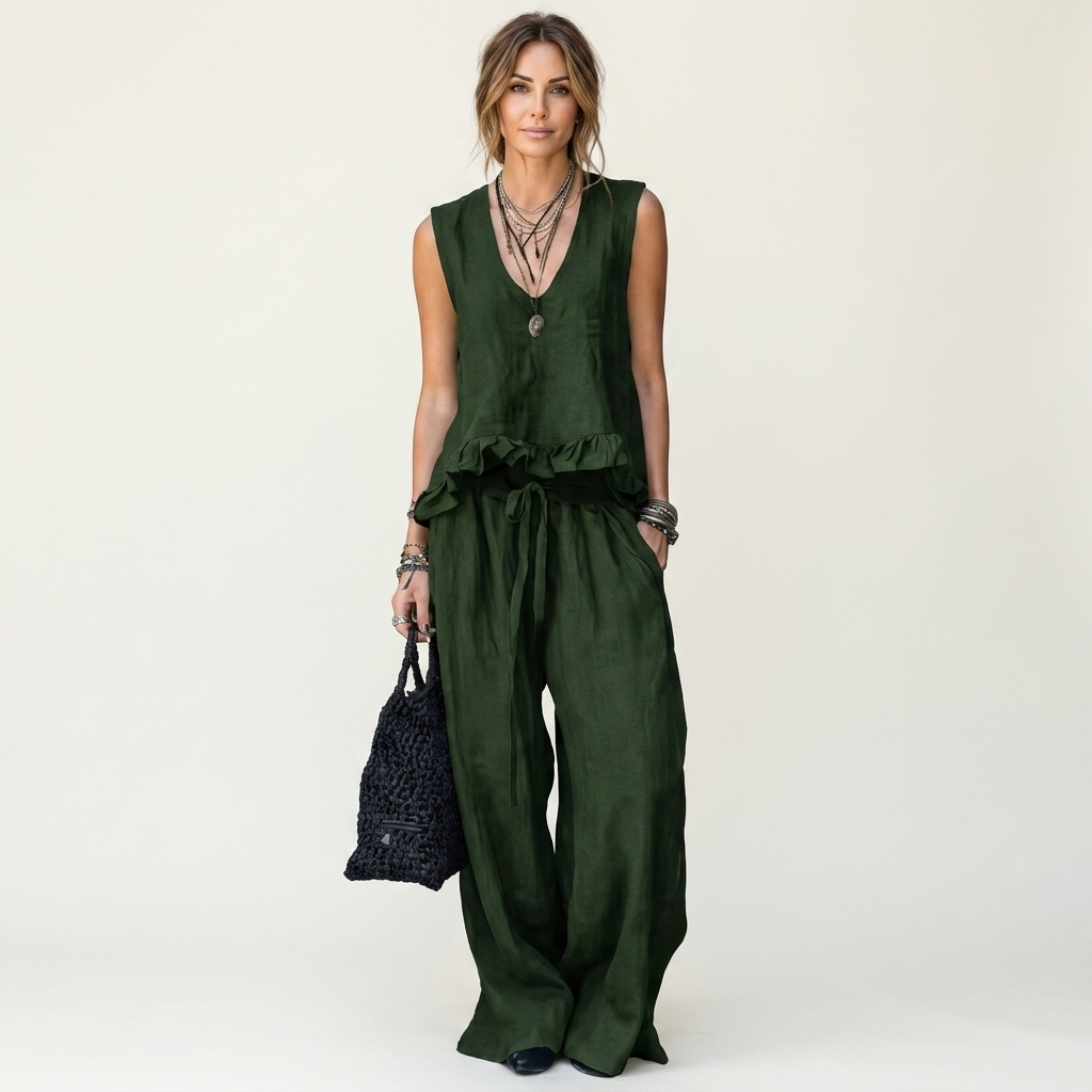 Siella | Ruffle-Hem V-Neck Tank and Wide-Leg Pant Two-Piece Set