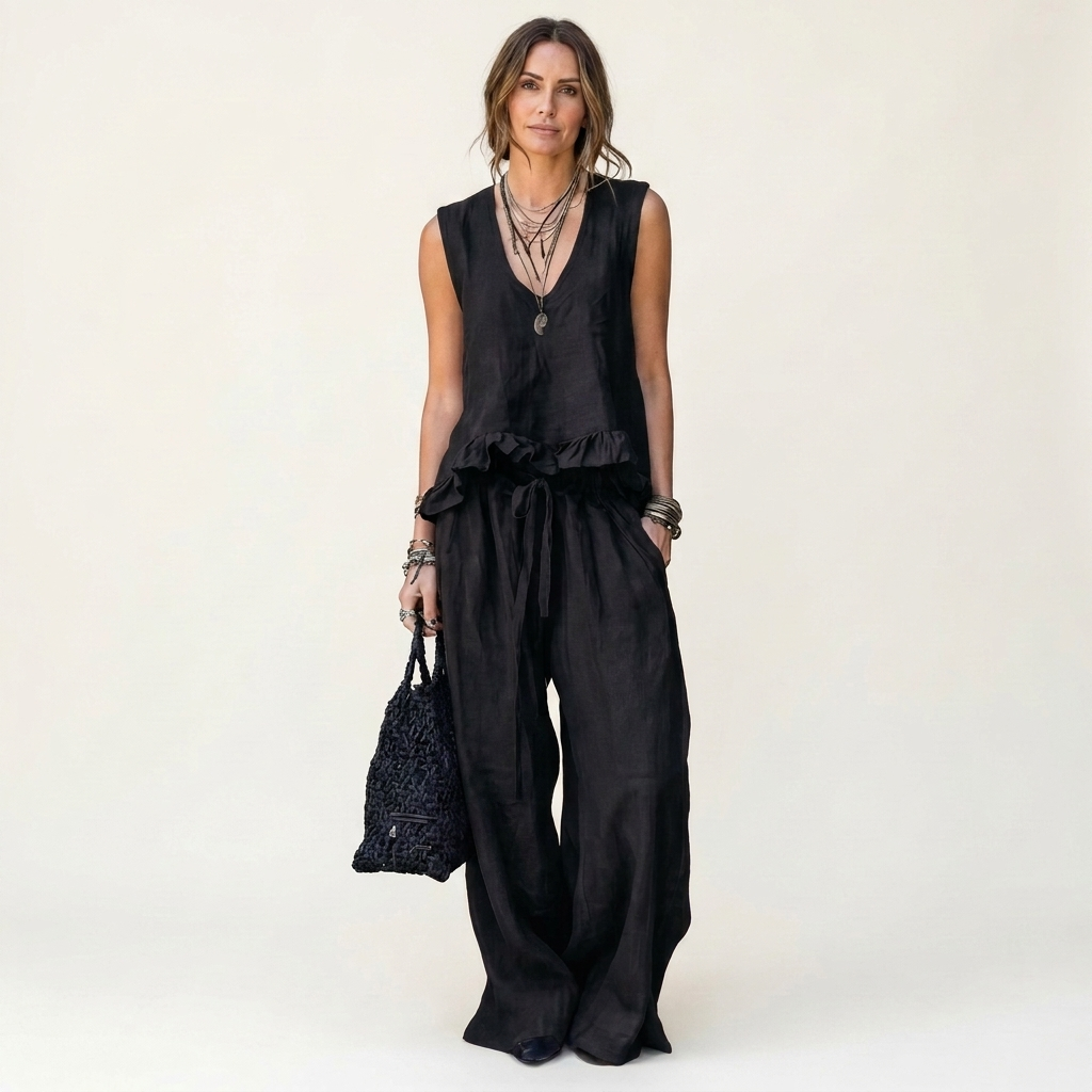 Siella | Ruffle-Hem V-Neck Tank and Wide-Leg Pant Two-Piece Set
