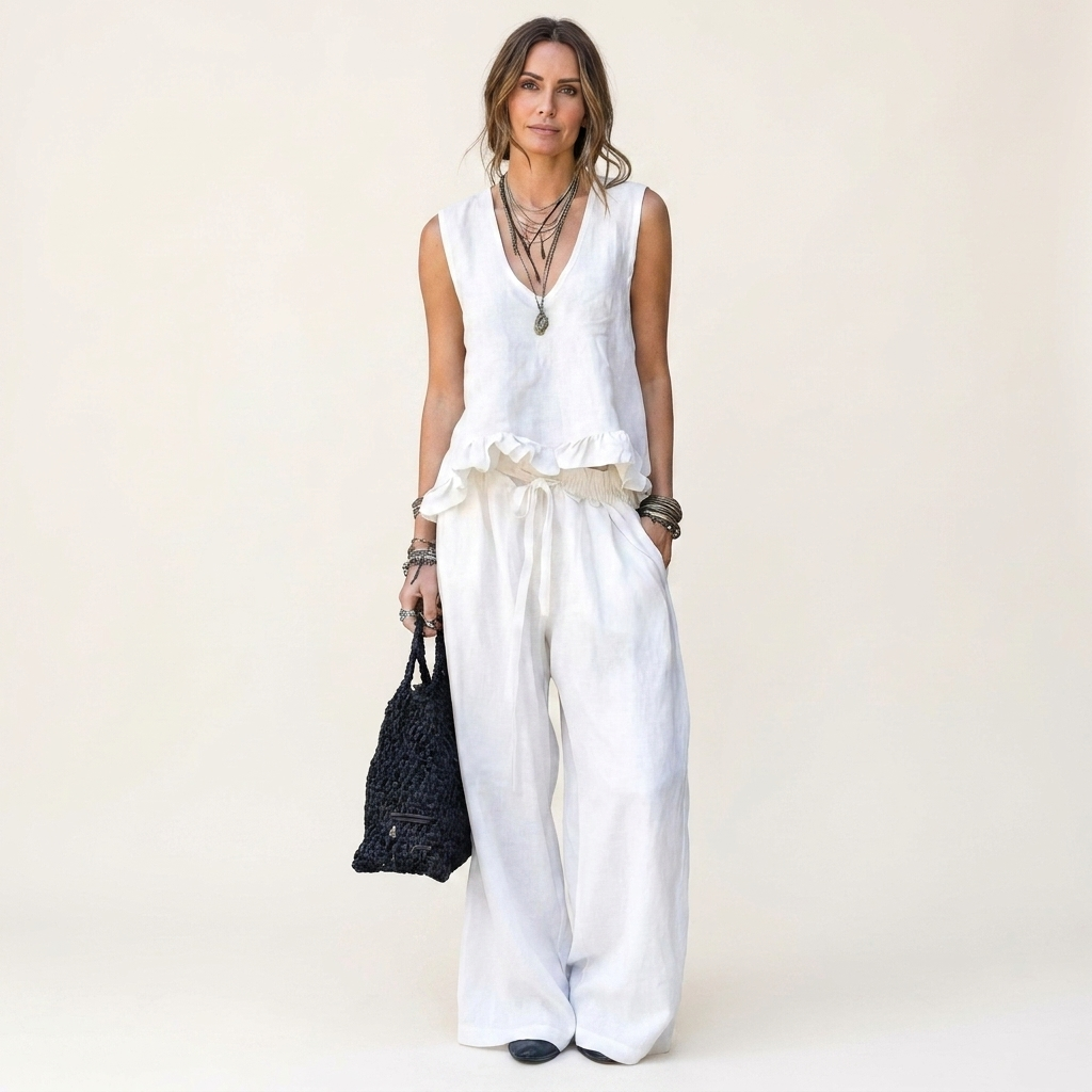 Siella | Ruffle-Hem V-Neck Tank and Wide-Leg Pant Two-Piece Set