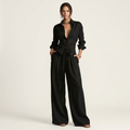 Maleyna | Long-Sleeve Point Collar Shirt and Drawstring Wide-Leg Pant Set