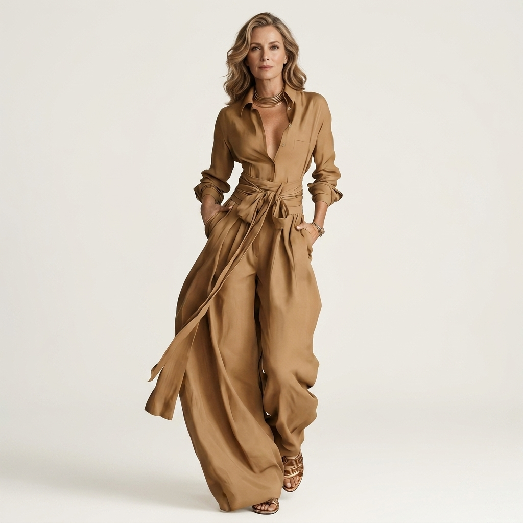 Maleyna | Long-Sleeve Point Collar Shirt and Drawstring Wide-Leg Pant Set