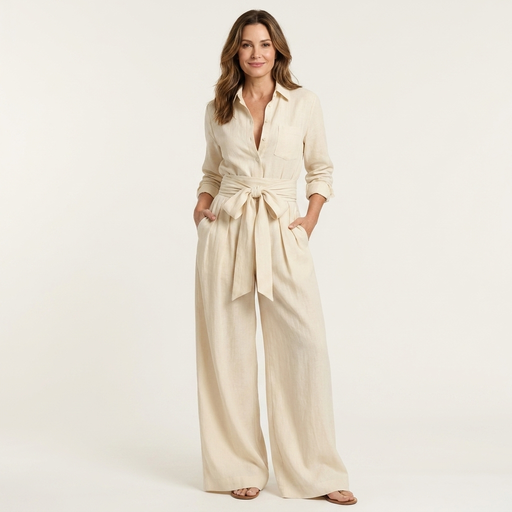 Maleyna | Long-Sleeve Point Collar Shirt and Drawstring Wide-Leg Pant Set