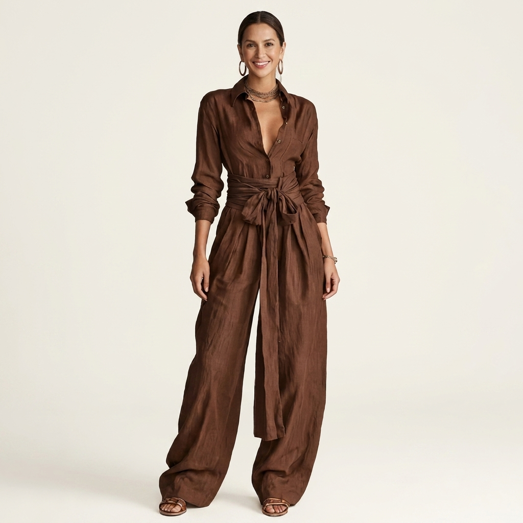 Maleyna | Long-Sleeve Point Collar Shirt and Drawstring Wide-Leg Pant Set