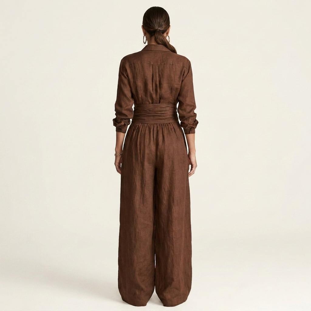 Maleyna | Long-Sleeve Point Collar Shirt and Drawstring Wide-Leg Pant Set