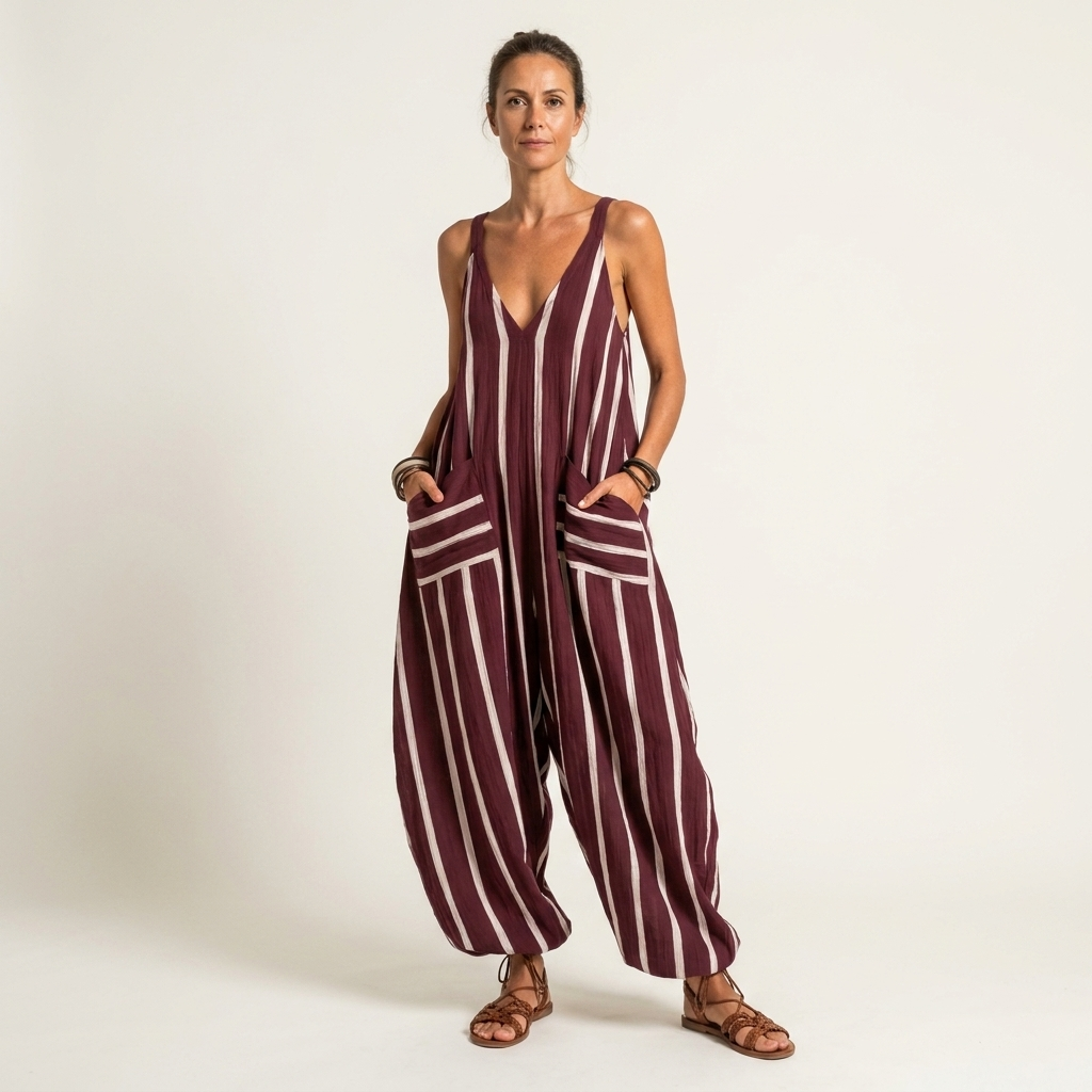 Karla | Striped Sleeveless V-Neck Wide-Leg Jumpsuit