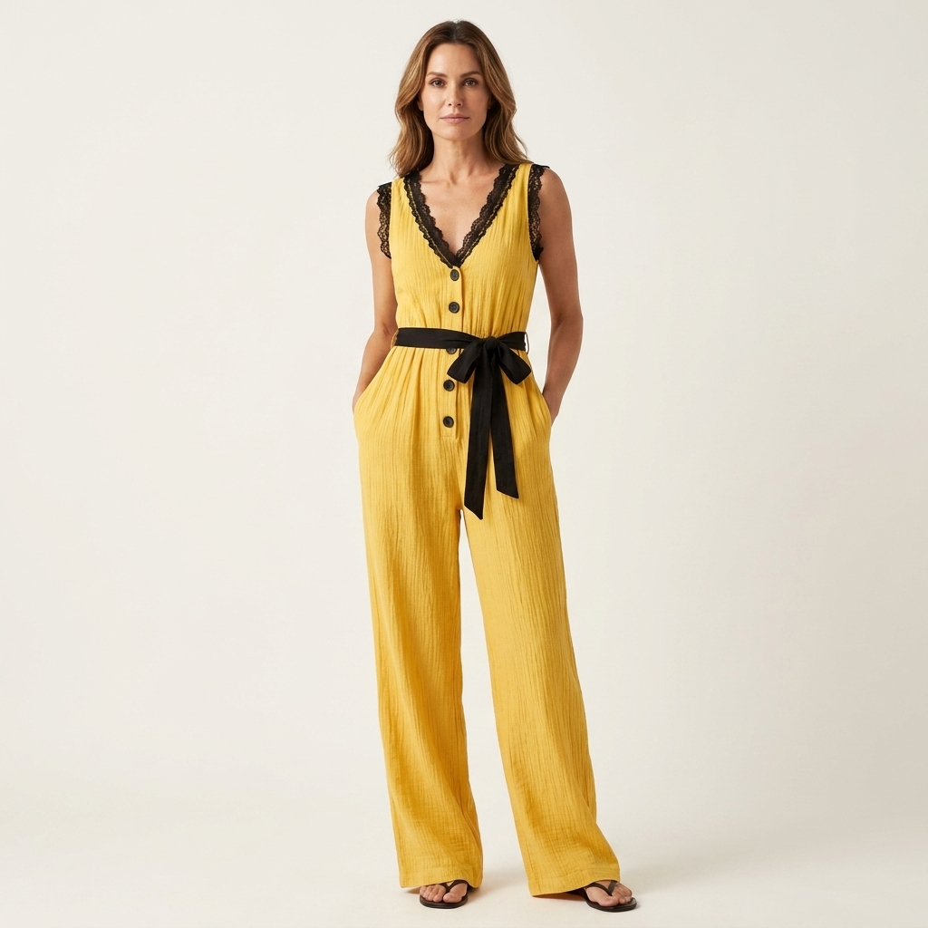 Kaithlin | Lace-Trim V-Neck Button-Front Wide-Leg Jumpsuit