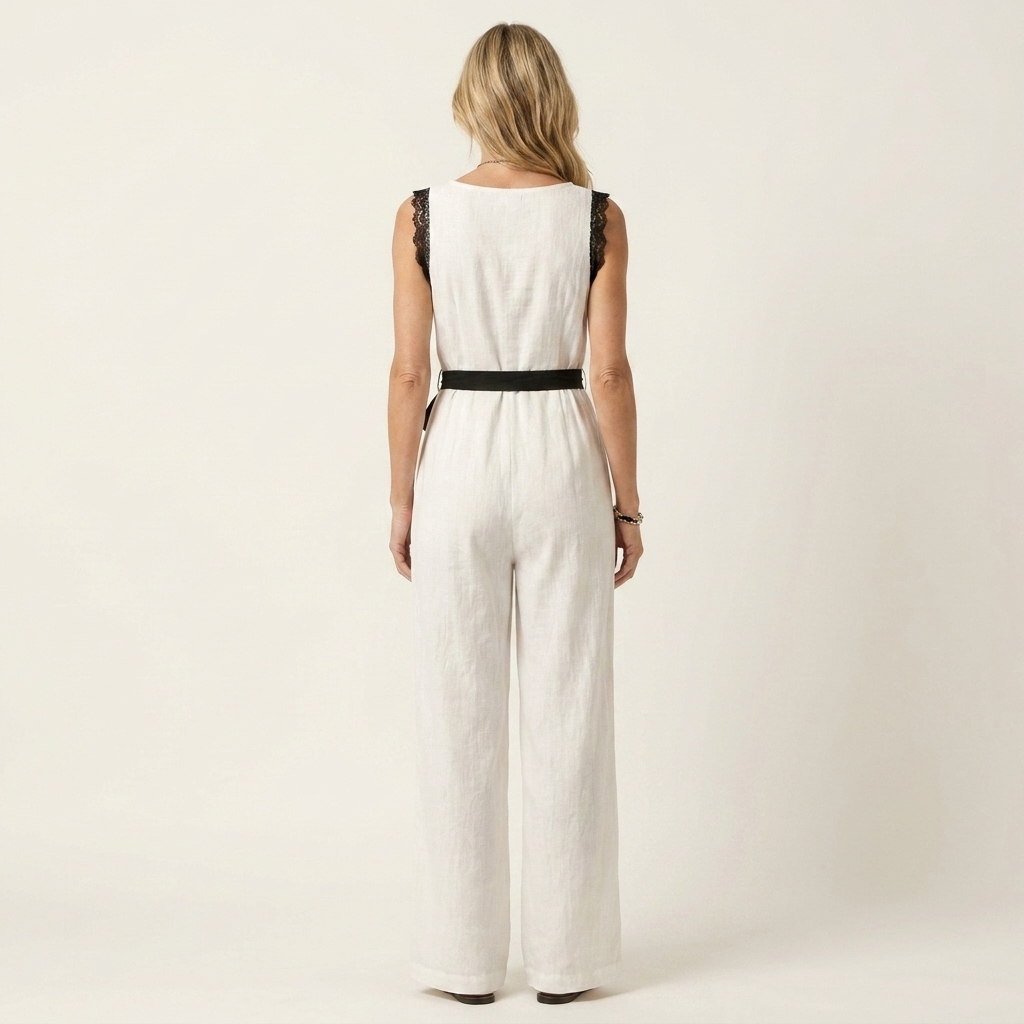 Kaithlin | Lace-Trim V-Neck Button-Front Wide-Leg Jumpsuit