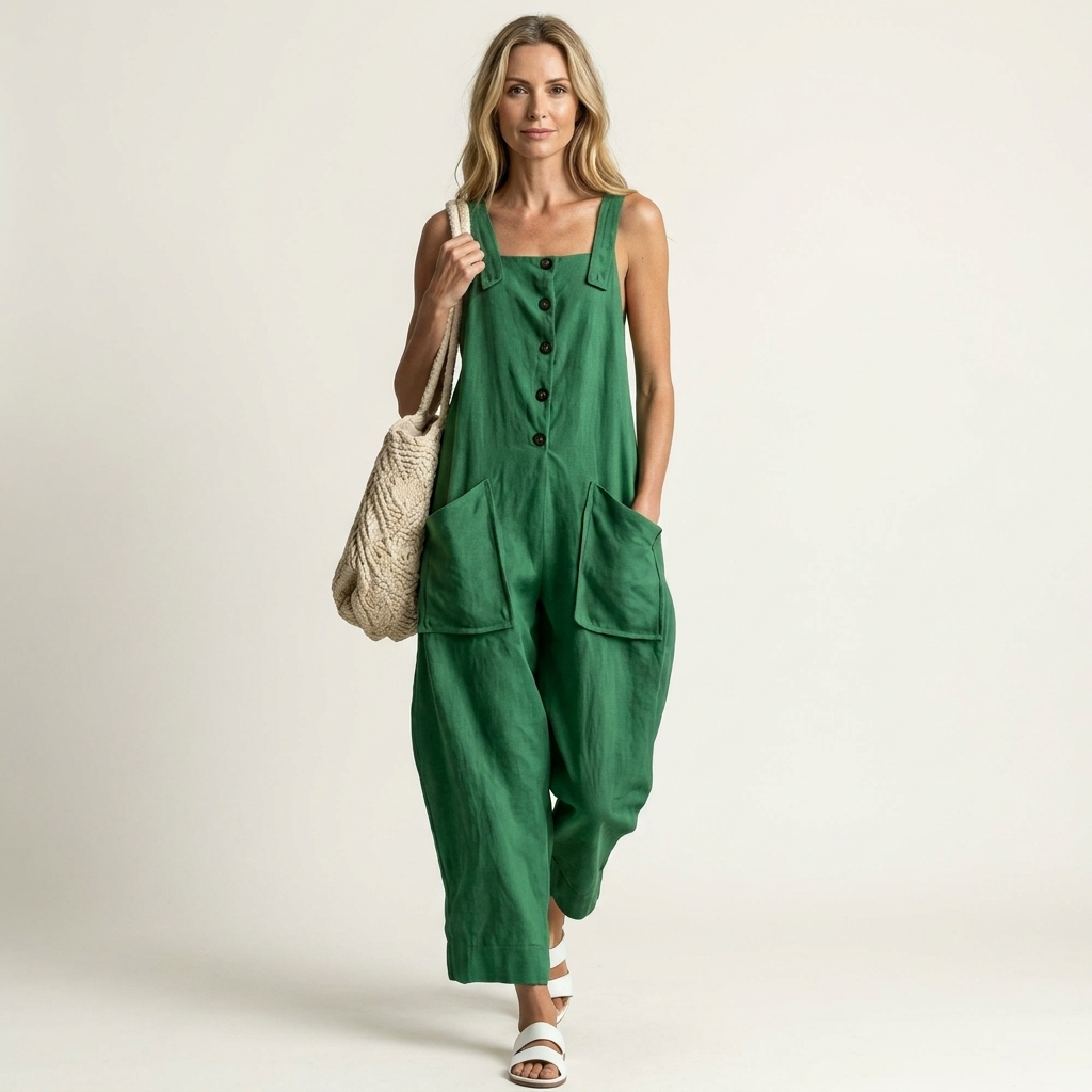 Liveria | Square-Neck Button-Front Jumpsuit with Patch Pockets