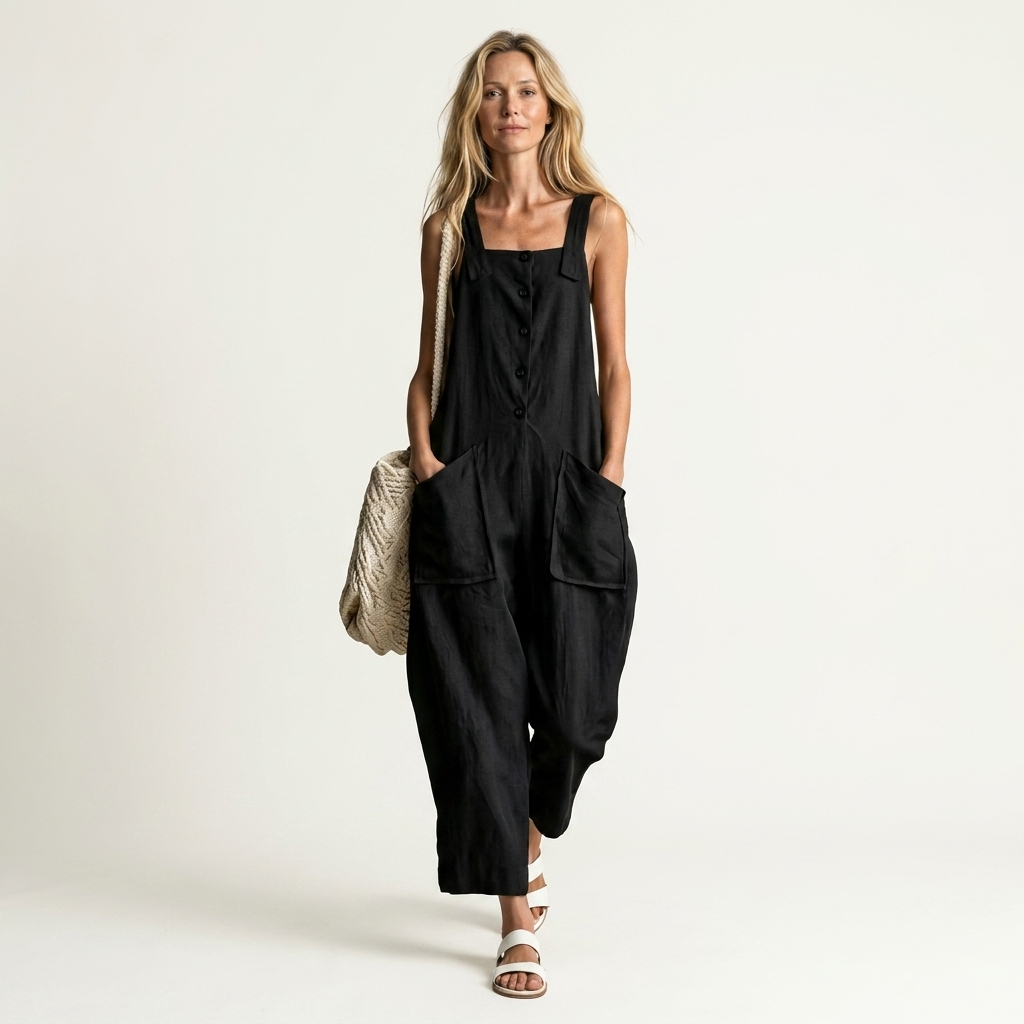 Liveria | Square-Neck Button-Front Jumpsuit with Patch Pockets