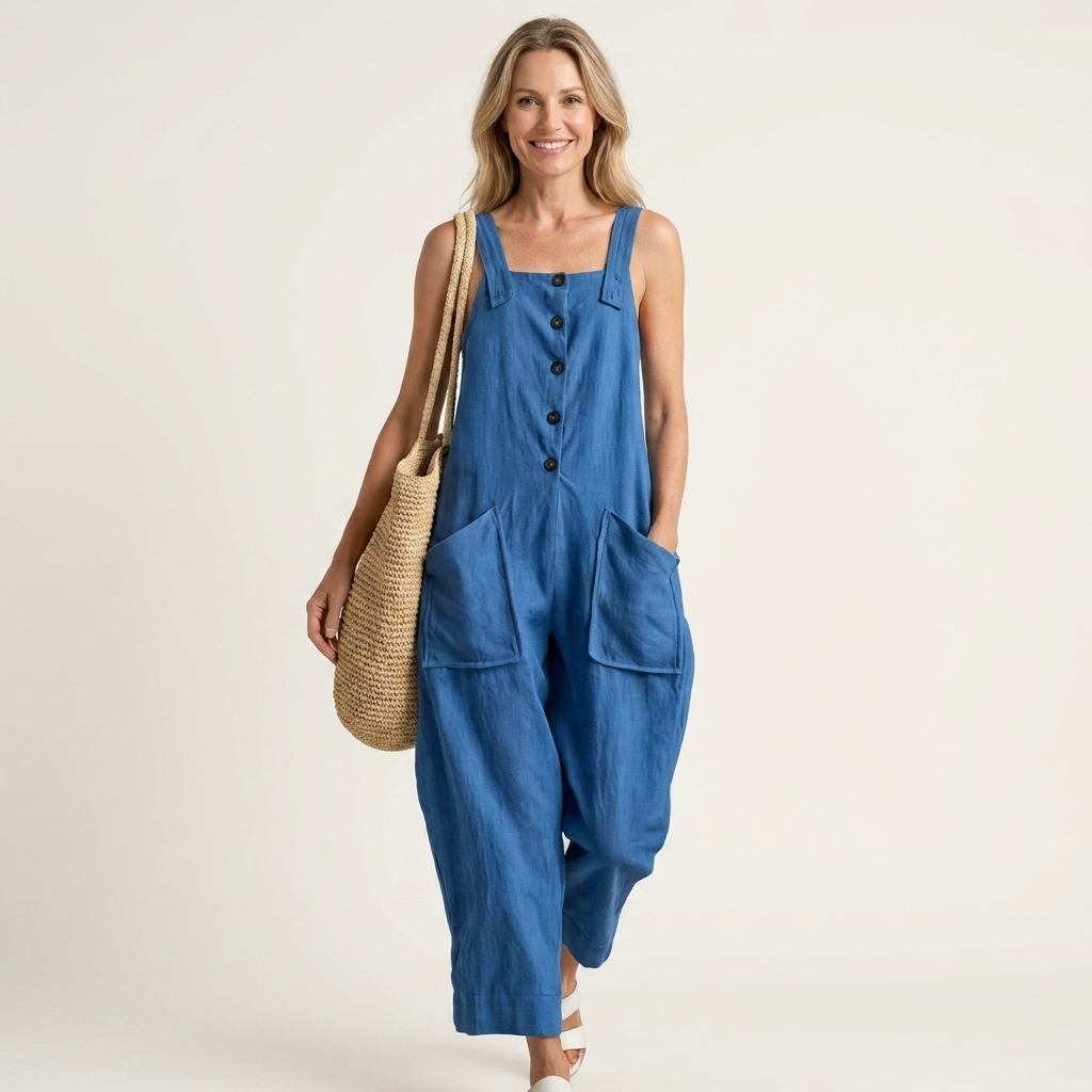 Liveria | Square-Neck Button-Front Jumpsuit with Patch Pockets