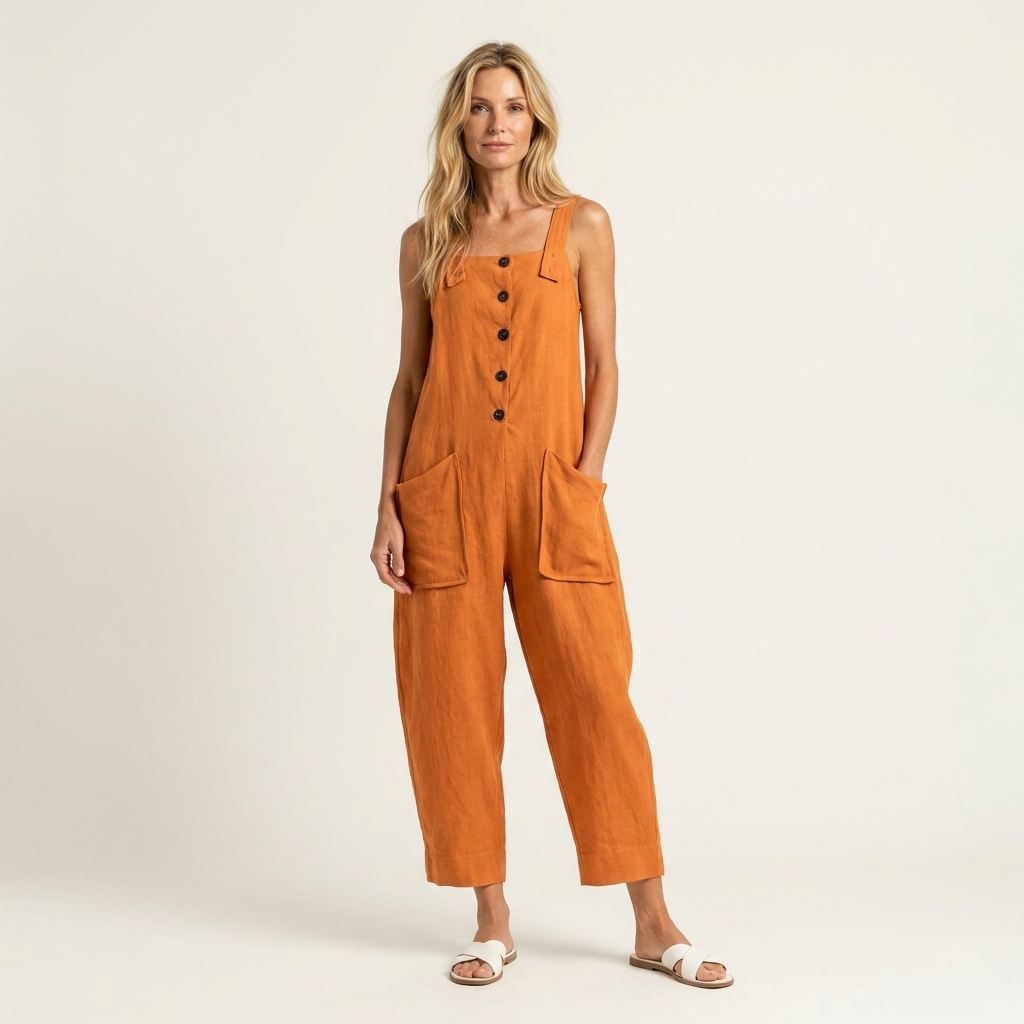 Liveria | Square-Neck Button-Front Jumpsuit with Patch Pockets