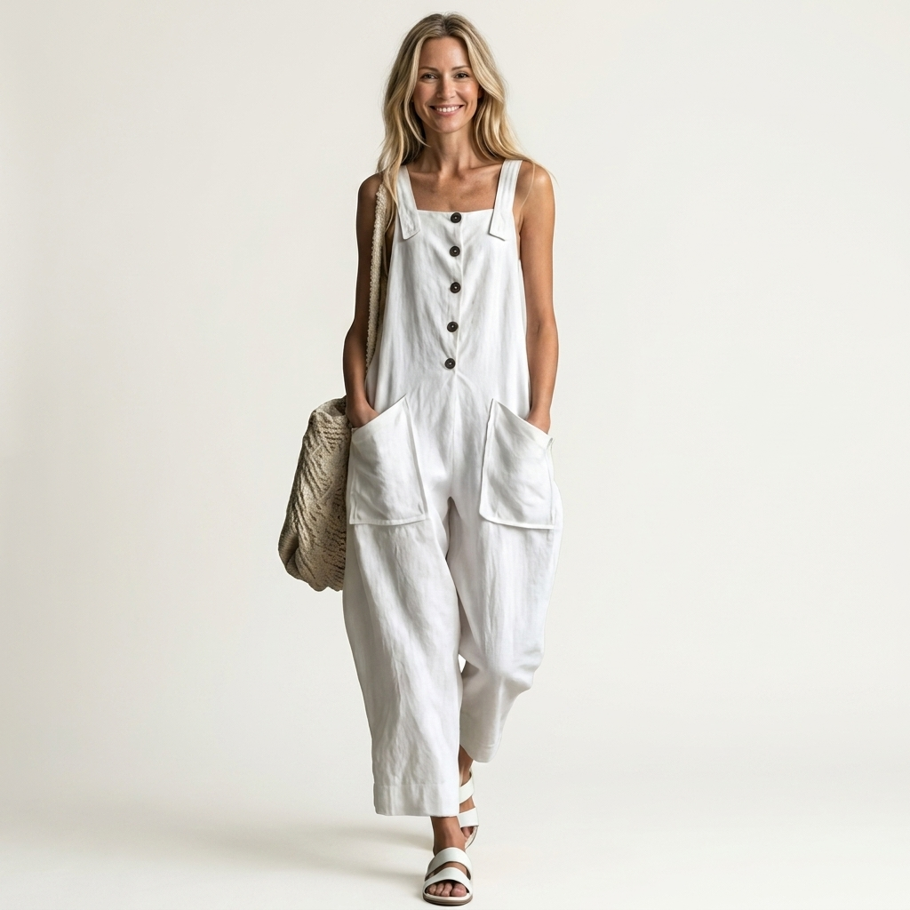 Liveria | Square-Neck Button-Front Jumpsuit with Patch Pockets