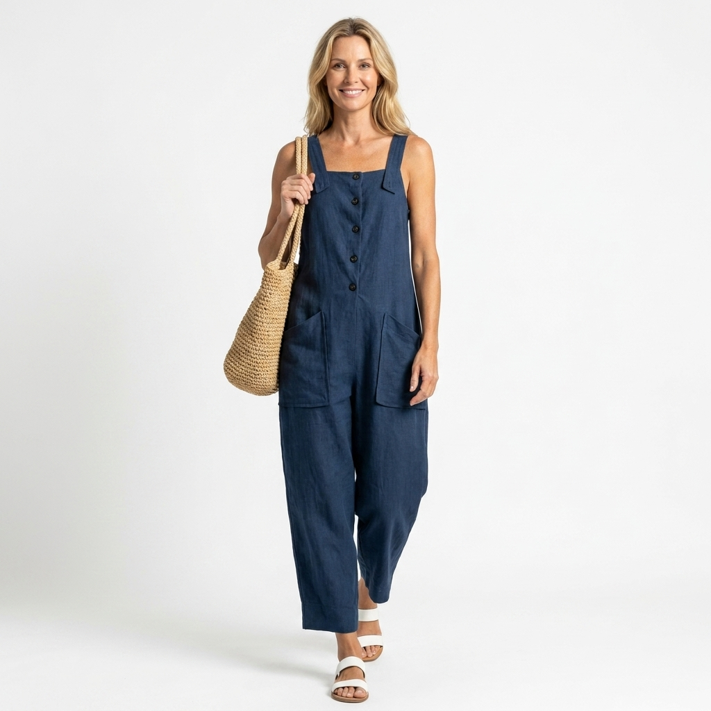 Liveria | Square-Neck Button-Front Jumpsuit with Patch Pockets