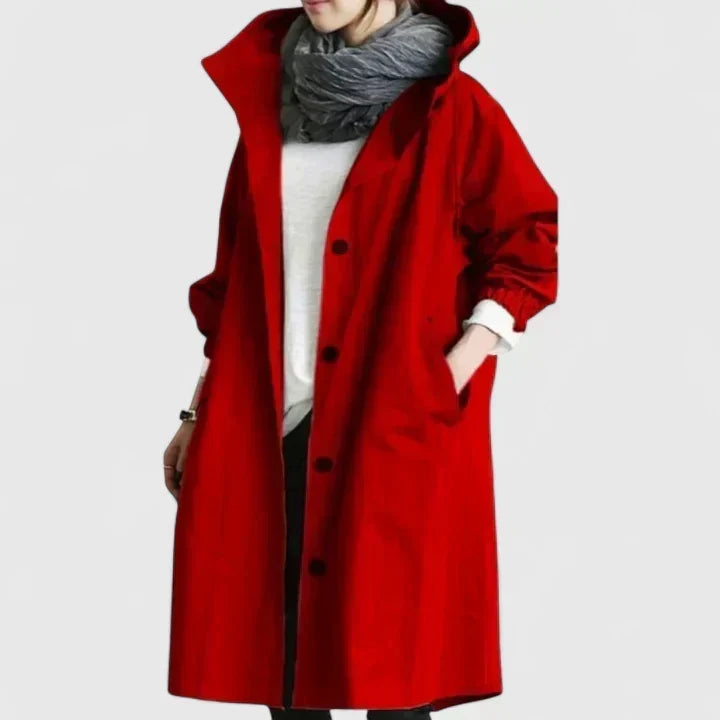 Women's Hooded Long Coat Button-Front with Pockets