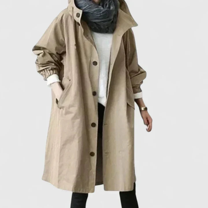 Women's Hooded Long Coat Button-Front with Pockets
