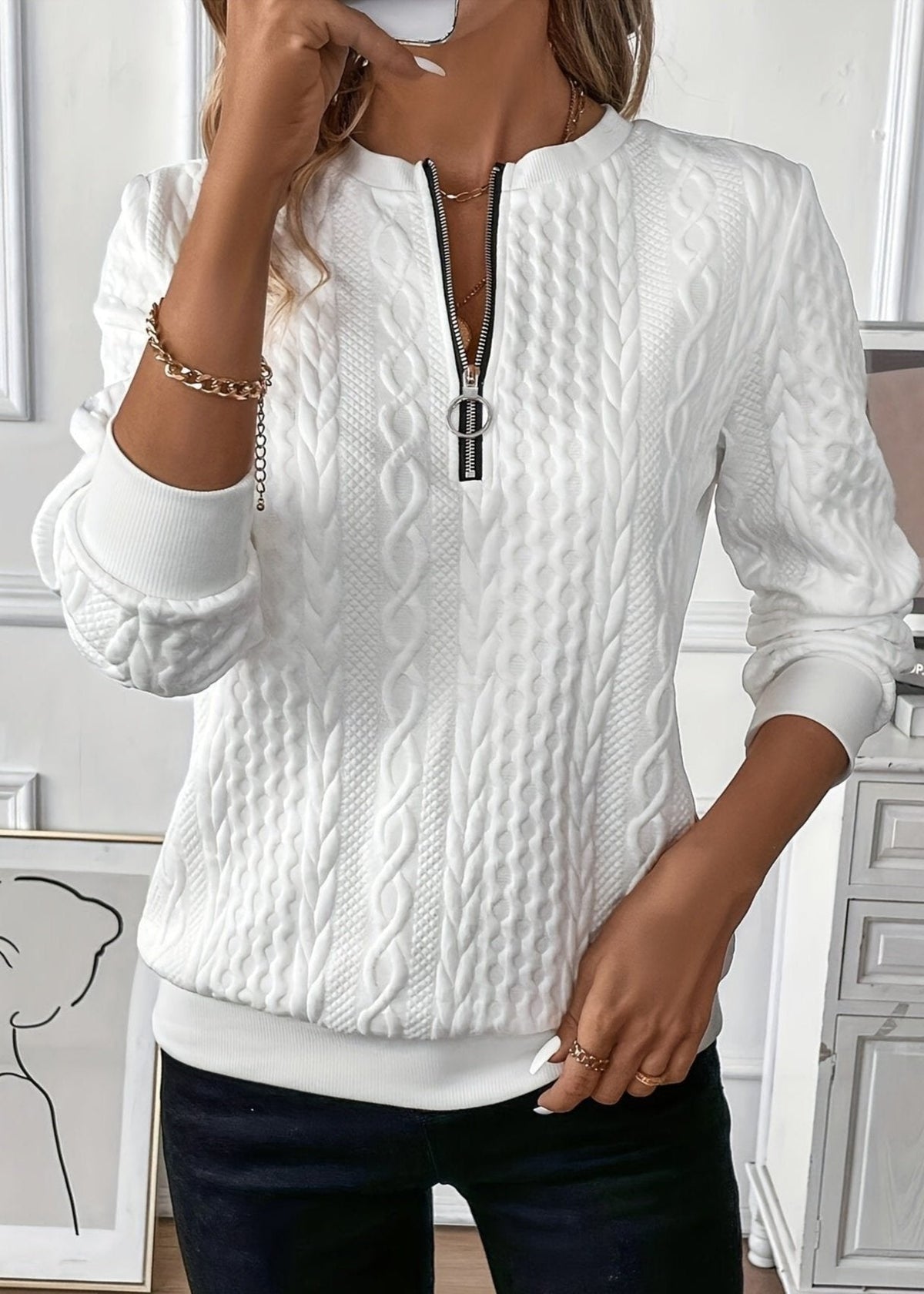 Women's Cable-Knit Zip Sweater with Ribbed Cuffs