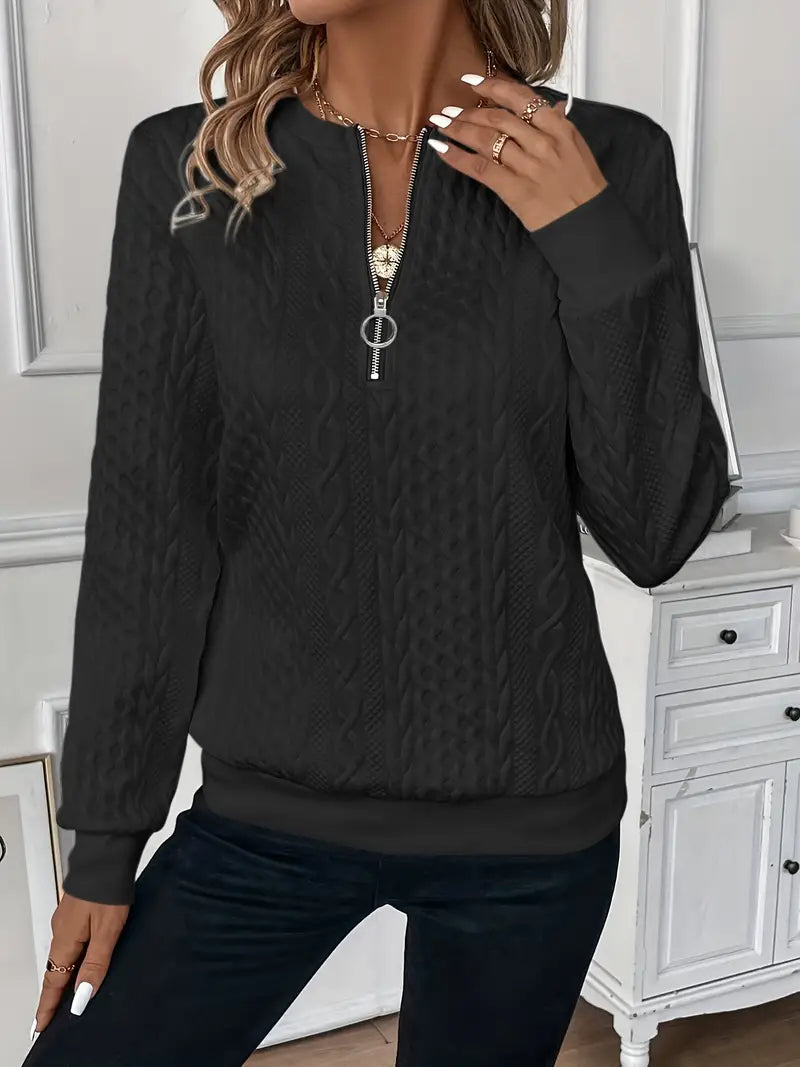 Women's Cable-Knit Zip Sweater with Ribbed Cuffs